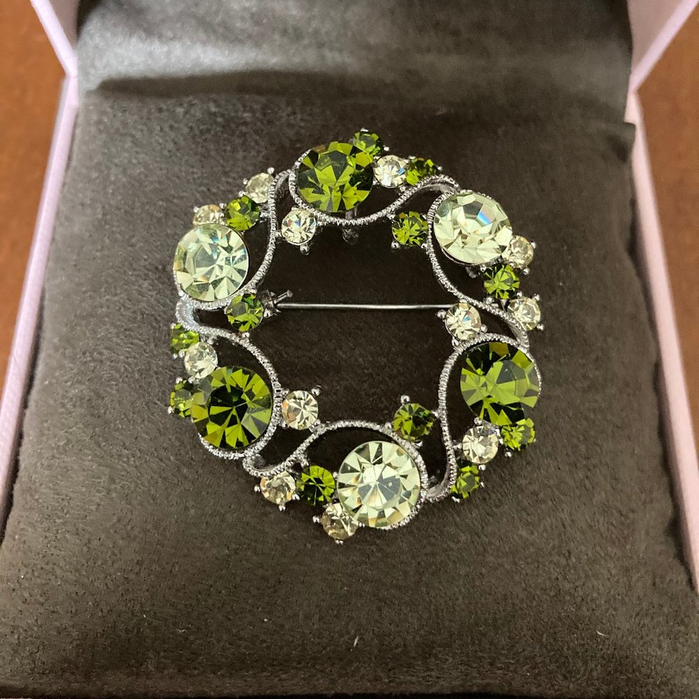 Dark and Light Green Crystal Silver Brooch
